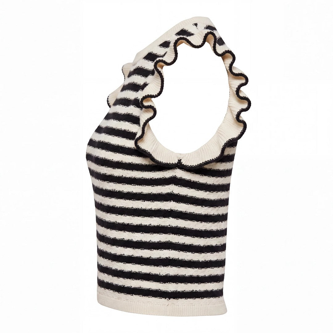 Yanet Collection Shop black and white striped knit top with ruffle sleeves and a crew neckline in a side view