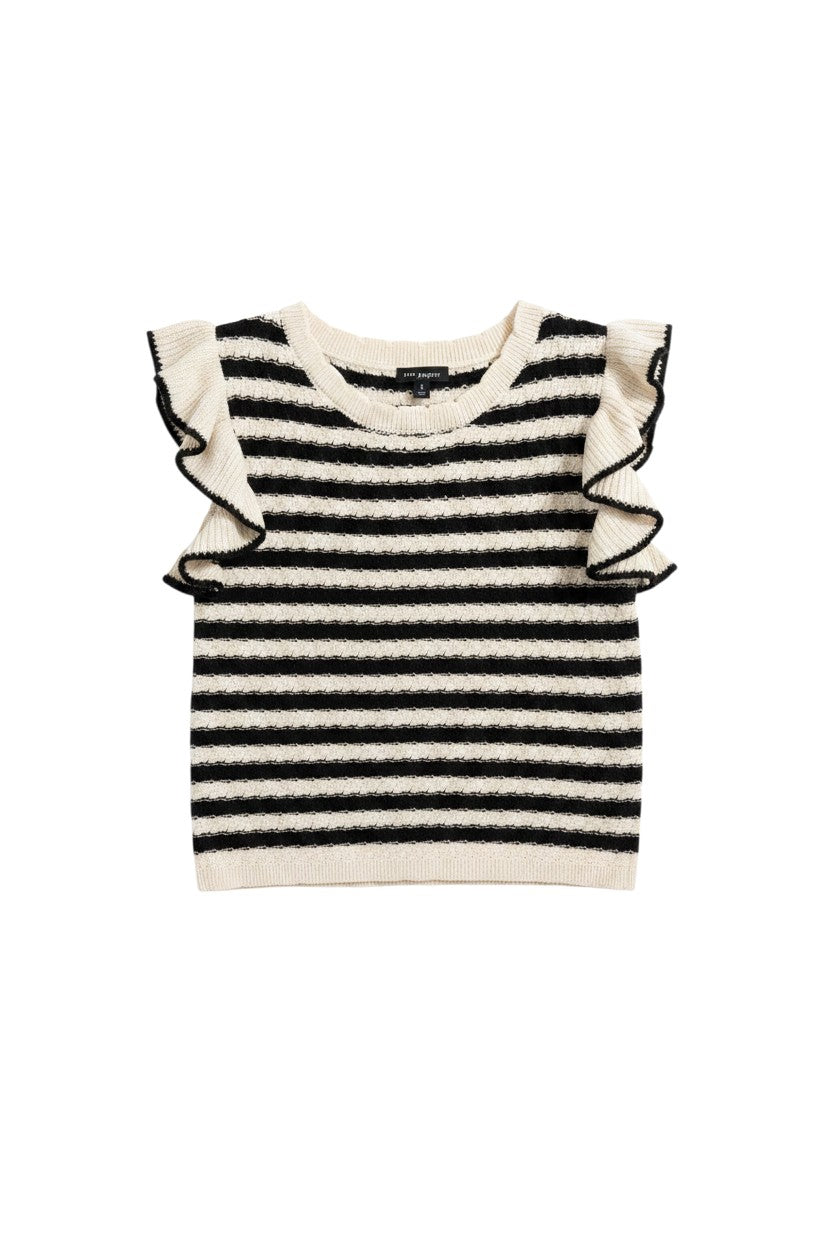 Yanet Collection Shop black and white striped sleeveless knit top with ruffled cap sleeves and a round neckline