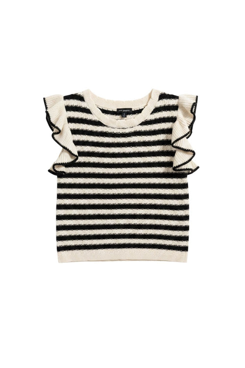 Yanet Collection Shop black and white striped sleeveless knit top with ruffled cap sleeves and a round neckline