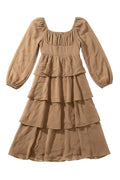 Yanet Collection Shop tan midi dress with long puff sleeves, a square neckline, and a tiered ruffled skirt.