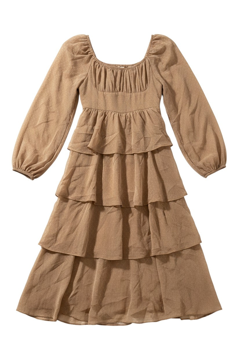 Yanet Collection Shop tan midi dress with long puff sleeves, a square neckline, and a tiered ruffled skirt.
