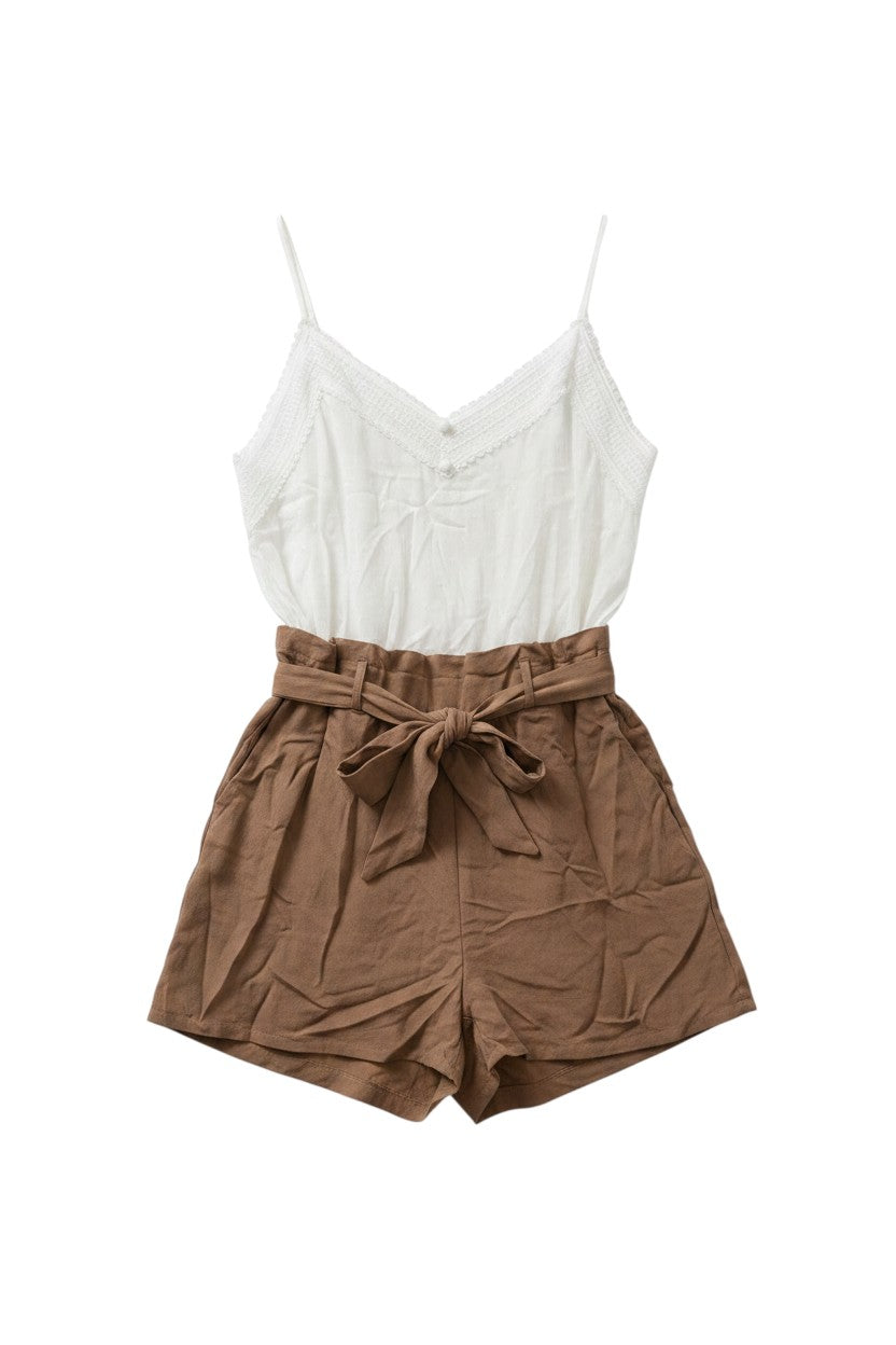 Yanet Collection Shop two-piece set with white spaghetti strap top and brown tie-waist shorts