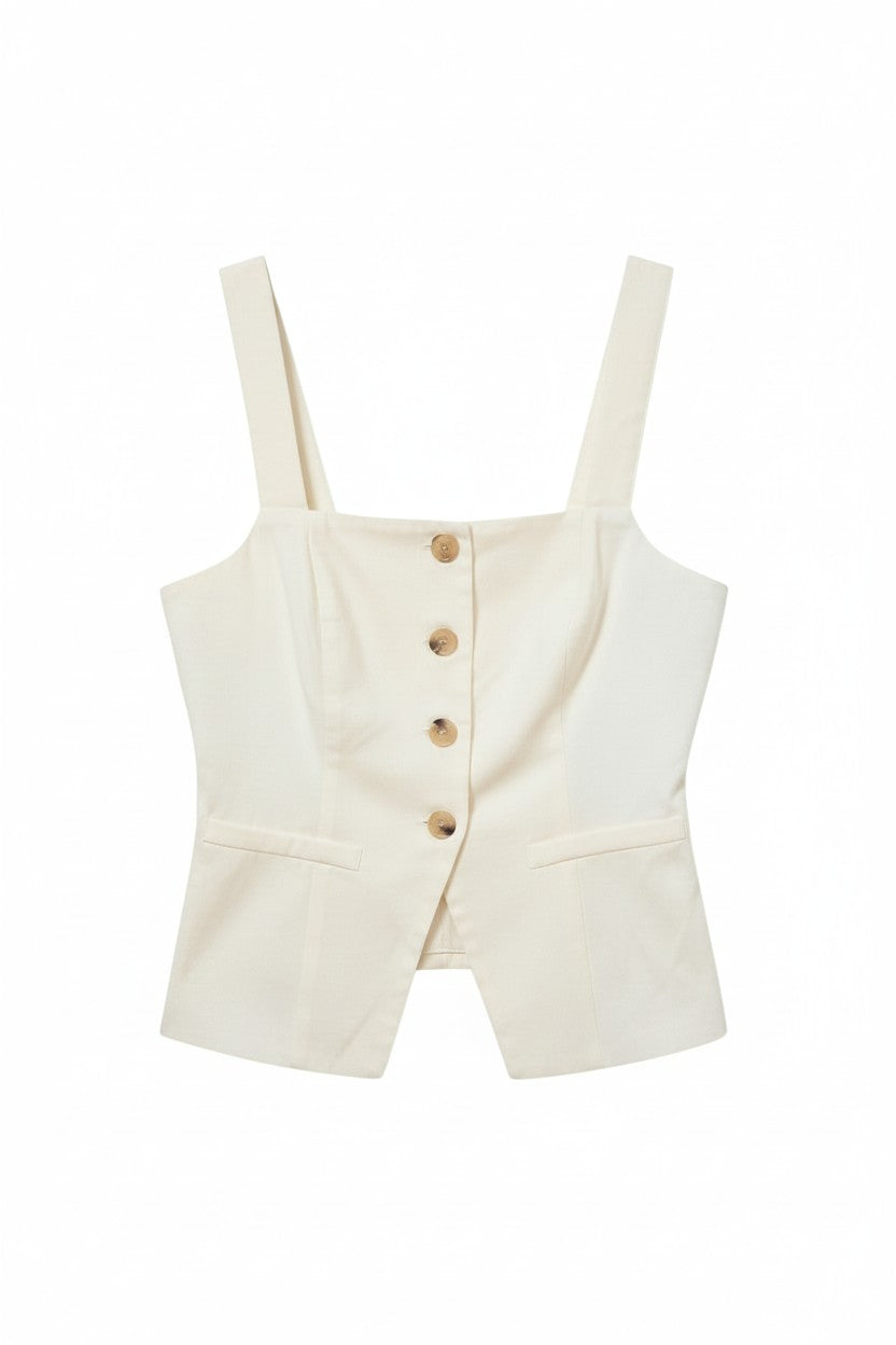 Yanet Collection Shop white sleeveless button-up top with a square neckline and side pockets in a tailored fit.