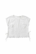 Yanet Collection Shop white short sleeve top with floral embroidery, side ties, and a scalloped hem.