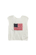 Yanet Collection Shop white sleeveless knit top with a prominent American flag design in a relaxed, lightweight fit.
