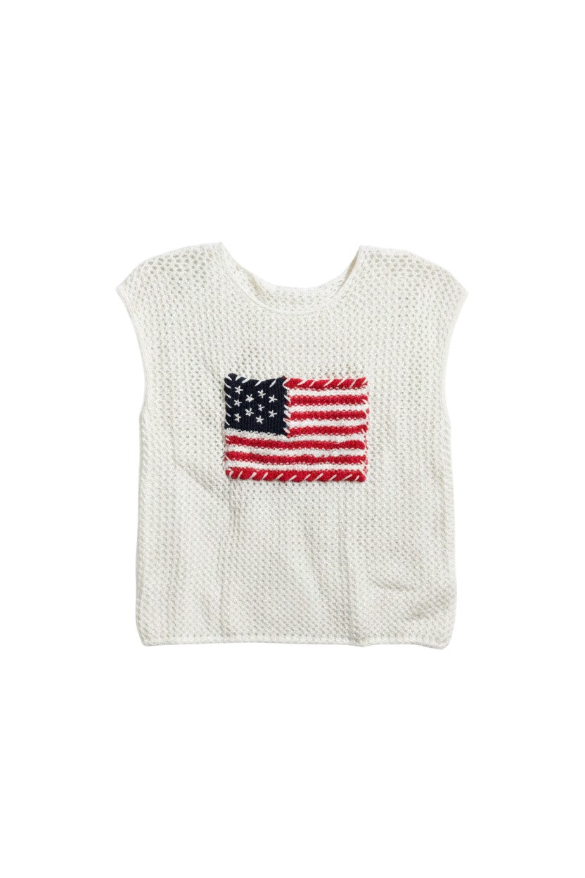 Yanet Collection Shop white sleeveless knit top with a prominent American flag design in a relaxed, lightweight fit.