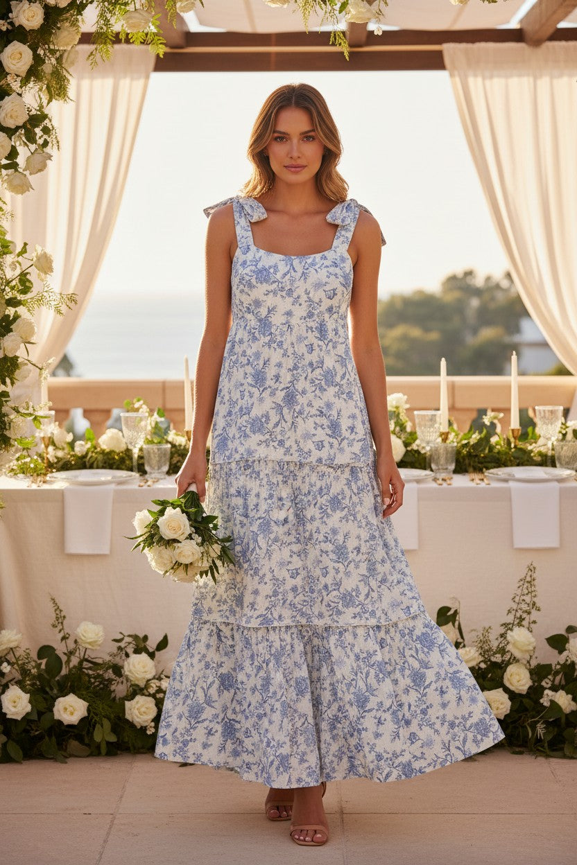 Yanet Collection Shop white tiered midi dress with blue floral print, bow straps, and fitted bodice at a wedding