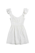 Yanet Collection Shop white mini dress with flutter sleeves, fitted waistband, and textured fabric for summer.