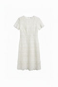 Yanet Collection Shop white short sleeve lace dress with a fitted silhouette and elegant scalloped hem detail.
