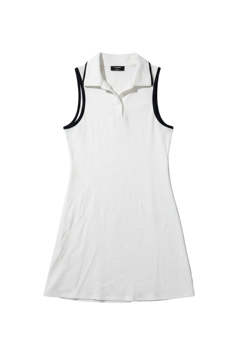 Yanet Collection Shop white sleeveless polo dress with black contrast trim on collar and armholes