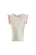 Yanet Collection Shop white ribbed fitted top featuring short sleeves with playful pink ruffle trim and crew neckline.