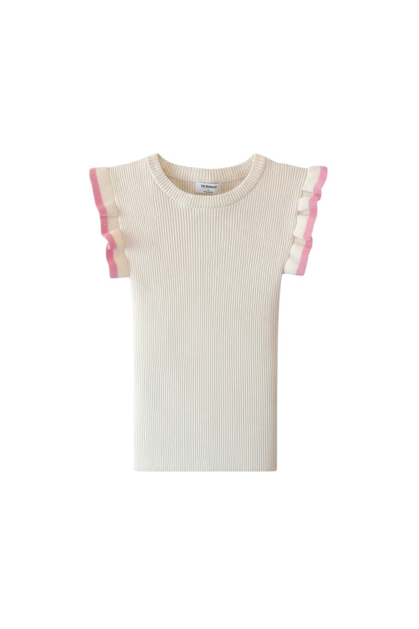 Yanet Collection Shop white ribbed short sleeve top featuring playful pink ruffle trim on the sleeves.