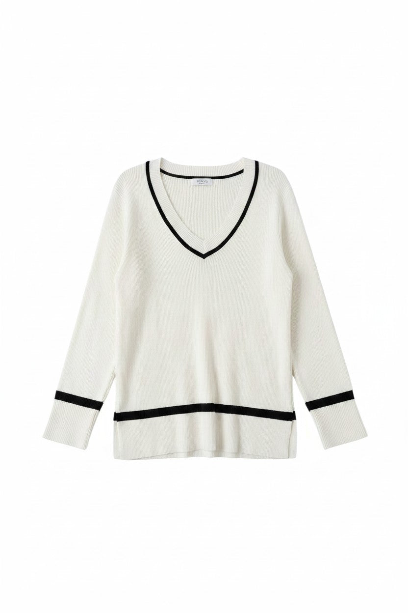 Yanet Collection Shop white ribbed long-sleeve sweater with a v-neckline and contrasting black trim details.