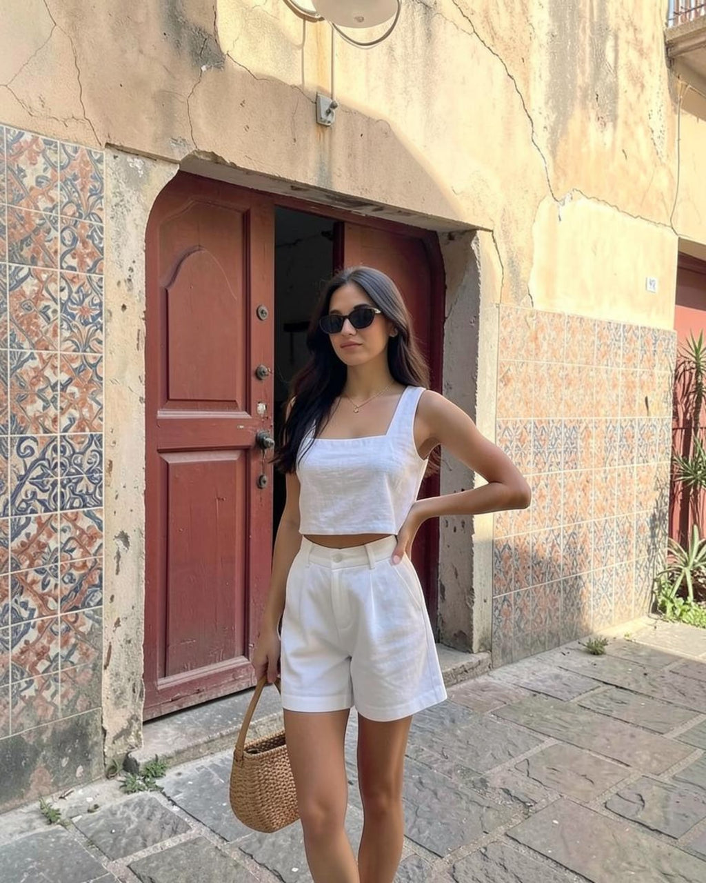 Yanet Collection Shop white sleeveless square neck romper with shorts and side pockets worn by a woman outdoors.