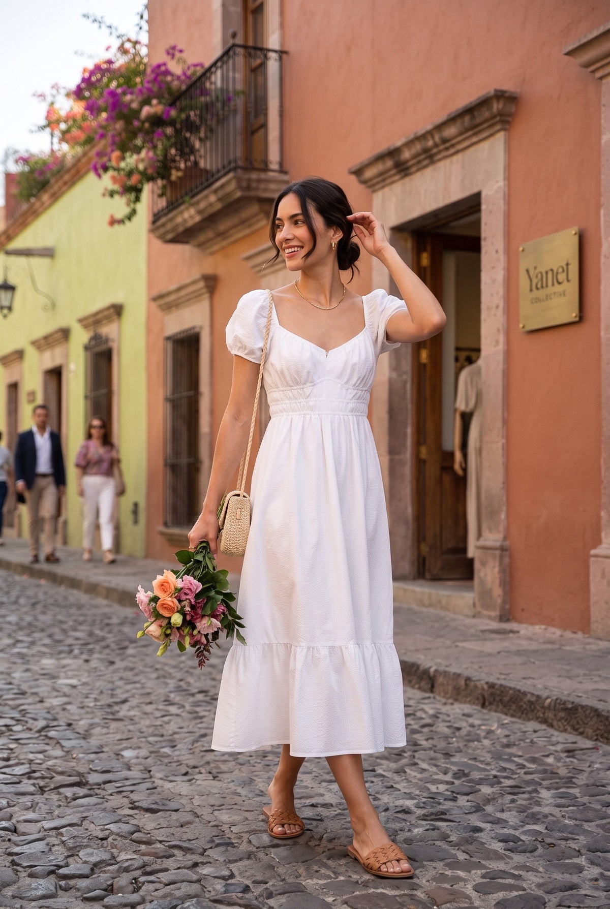 Yanet Collection Shop white smocked maxi dress with puff sleeves and ruffle hem worn by a woman on a cobblestone street