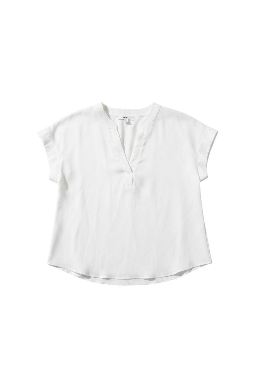 Yanet Collection Shop white short sleeve v-neck top with a relaxed fit and placket detail in lightweight fabric.