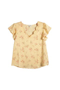 Yanet Collection Shop yellow v-neck top with flutter sleeves and delicate pink floral print in a relaxed fit