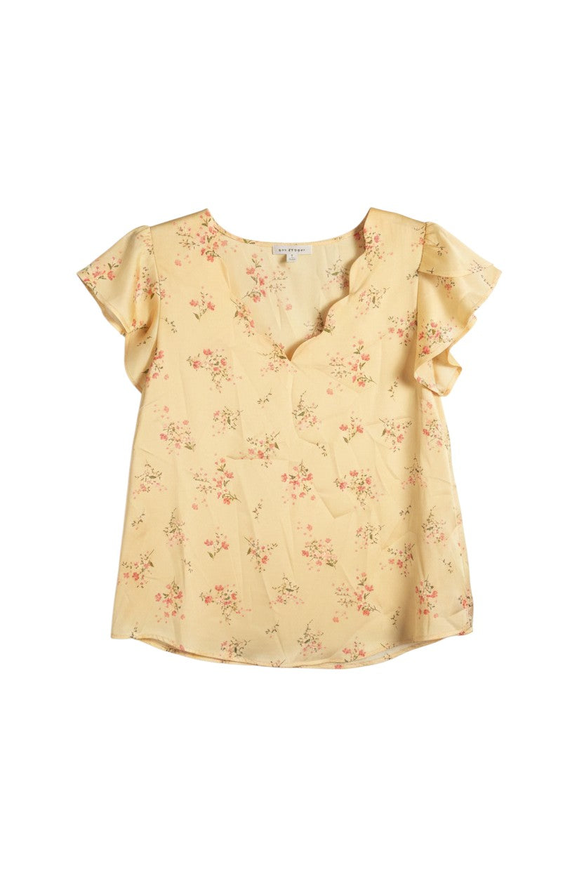 Yanet Collection Shop yellow v-neck top with flutter sleeves and delicate pink floral print in a relaxed fit