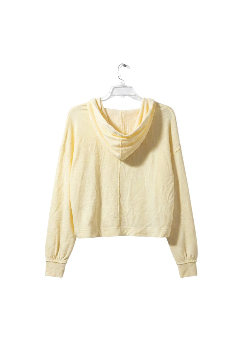 Yanet Collection Shop light yellow long sleeve hoodie with a relaxed fit and soft textured fabric, back view.