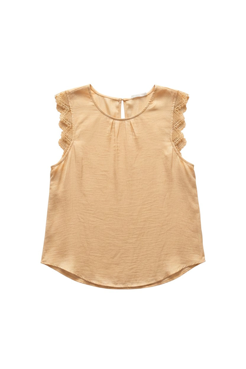 Yanet Collection Shop butter yellow sleeveless blouse with delicate lace trim on shoulders and back button closure
