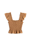 Yanet Collection Shop butter yellow peplum top with smocked bodice, flutter sleeves, and ruffled hemline.