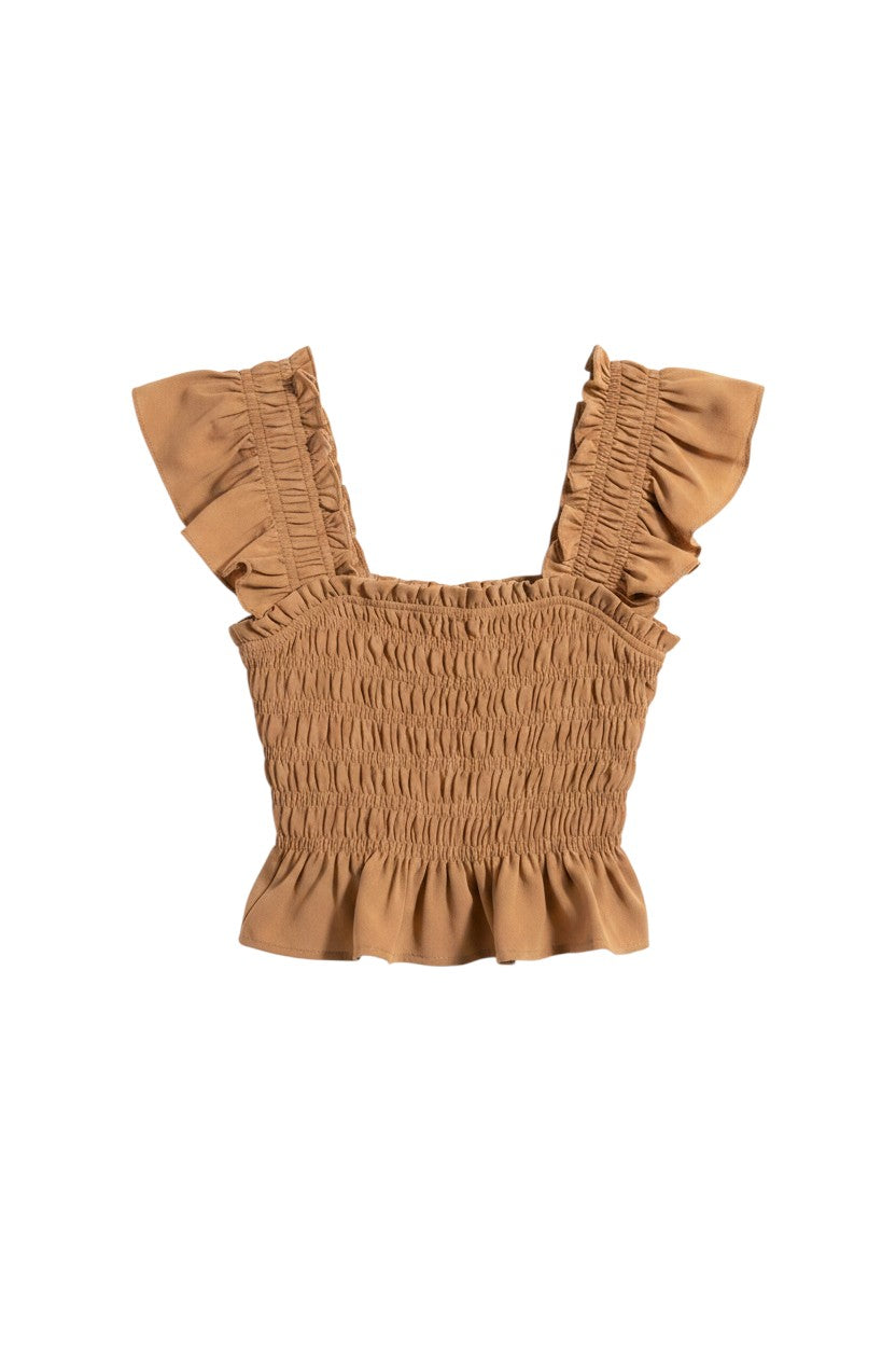 Yanet Collection Shop butter yellow peplum top with smocked bodice, flutter sleeves, and ruffled hemline.