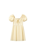 Yanet Collection Shop light yellow short puff sleeve dress with a tie neckline and soft textured fabric
