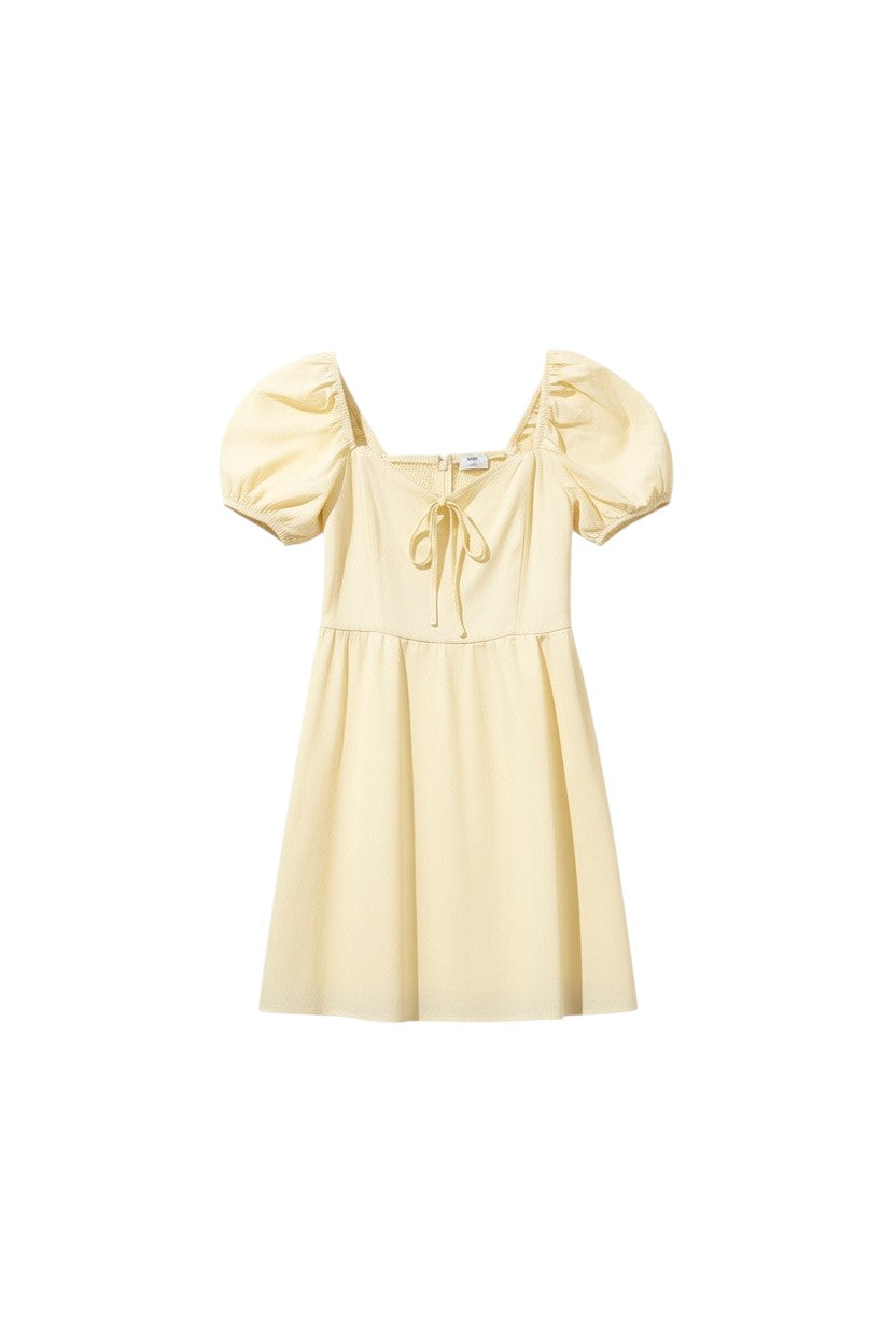 Yanet Collection Shop light yellow short puff sleeve dress with a tie neckline and soft textured fabric