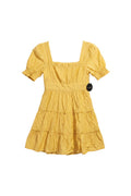 Yanet Collection Shop yellow mini dress with square neckline, short puff sleeves, and ruffled tiered skirt.