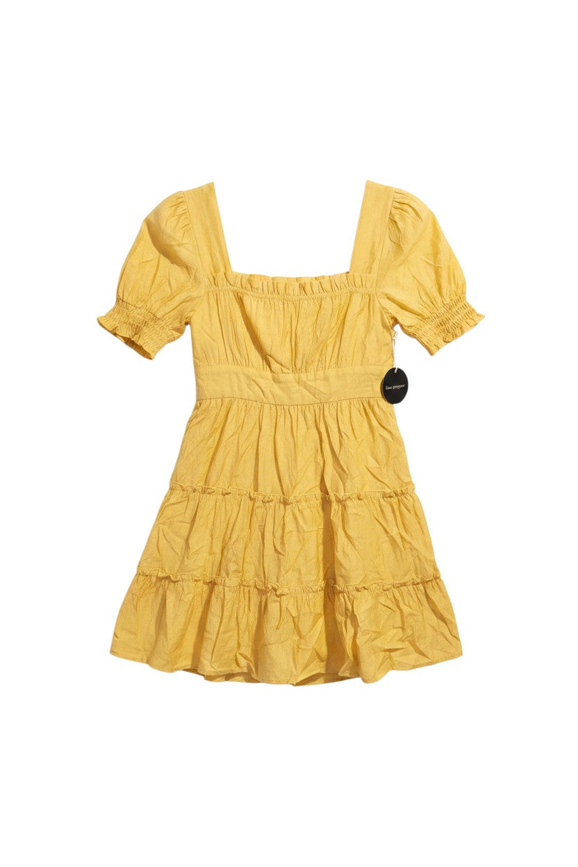Yanet Collection Shop yellow mini dress with square neckline, short puff sleeves, and ruffled tiered skirt.
