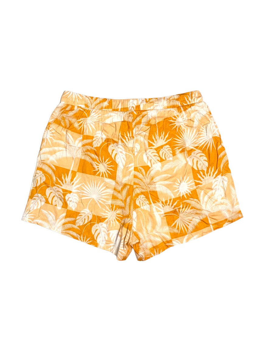 Yanet Collection Shop yellow and white checkered shorts featuring a tropical palm leaf and sun print pattern
